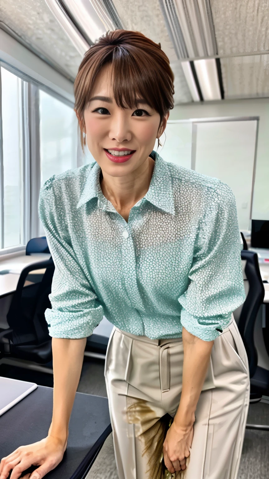 (realistic, photo-realistic:1.4), (masterpiece, best quality:1.2), RAW photo, high resolution, intricate details, extremely detailed, incredibly detailed, insanely detailed, finely detailed, cinematic lighting, upper body, face close up, solo, a 42 years old Japanese mature woman, office lady, standing with spread legs, (peeing self, pee stain ,urination:1.5), wetting herself, peeing herself, thin, slender, skinny, (smaller breasts, tiny breasts, flat chest, poor size bust:1.2), dark hair, short hair, detailed face, detailed eyes, fine-textured skin, pale skin, smile, (white slacks, pastel color slacks, light color slacks, formal pants, button down shirt), photo background, indoors, office room, daytime,,