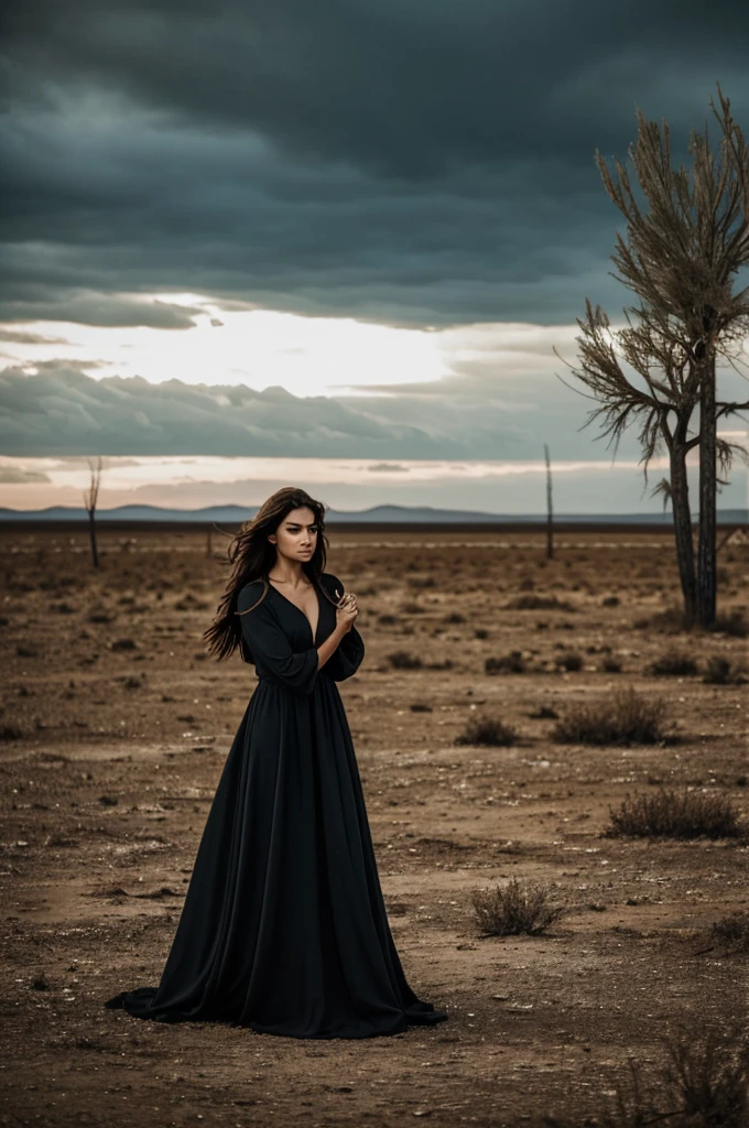 Melancholic Female Figure: A woman with a sad and thoughtful expression, with a long dark dress, sitting or standing in a desolate environment. Her hair is loose and slightly blown by the wind..Desolate Environment: An empty landscape with dry trees, a dark cloudy sky, reflecting sadness and melancholy.Loss Elements: A withered flower at his feet, and perhaps a broken mirror that symbolizes the fragility of your emotions.