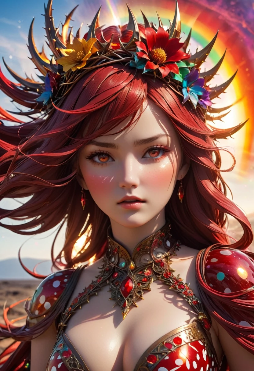 In the center of a chaotic, swirling world, a figure stands, a work of art in itself. Her face is a masterpiece of sorrow, her eyes a deep, crimson red, as if they've been etched with pain. Her body is a sculpture of intricate detail, crafted from golden and bronze wire, with a swirly pattern that seems to move with the wind.
Around her neck, a collar of spikes glints in the light, like a crown of thorns. Her horns, made of glass, are curved and delicate, like the petals of a flower. They shimmer in the sunlight, casting a rainbow of colors on the ground.
Behind her, the world seems to melt and flow, as if the very fabric of reality is being torn apart. Red and white polka dots dance across the horizon, like a frenzied dance of destruction. The air is thick with the scent of molten lava, and the ground beneath her feet seems to tremble with the weight of her sorrow.
As she stands, her eyes fixed on the horizon, it's clear that this figure is a work of art, a sculpture of beauty and pain, a testament to the power of the human spirit to endure even in the face of chaos.