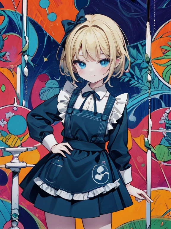 masterpiece, Highest quality, Very detailed, 16K, Ultra-high resolution, Cowboy Shot, Alice in Wonderland, (fauvism:1.4), -yeld gi Detailed face, smile, blue eyes, blonde, Braiding, Long Hair, Ribbon on head, Blue clothes, Plain white apron, 大きなclockのある部屋で, clock, 壁clock, Music Box