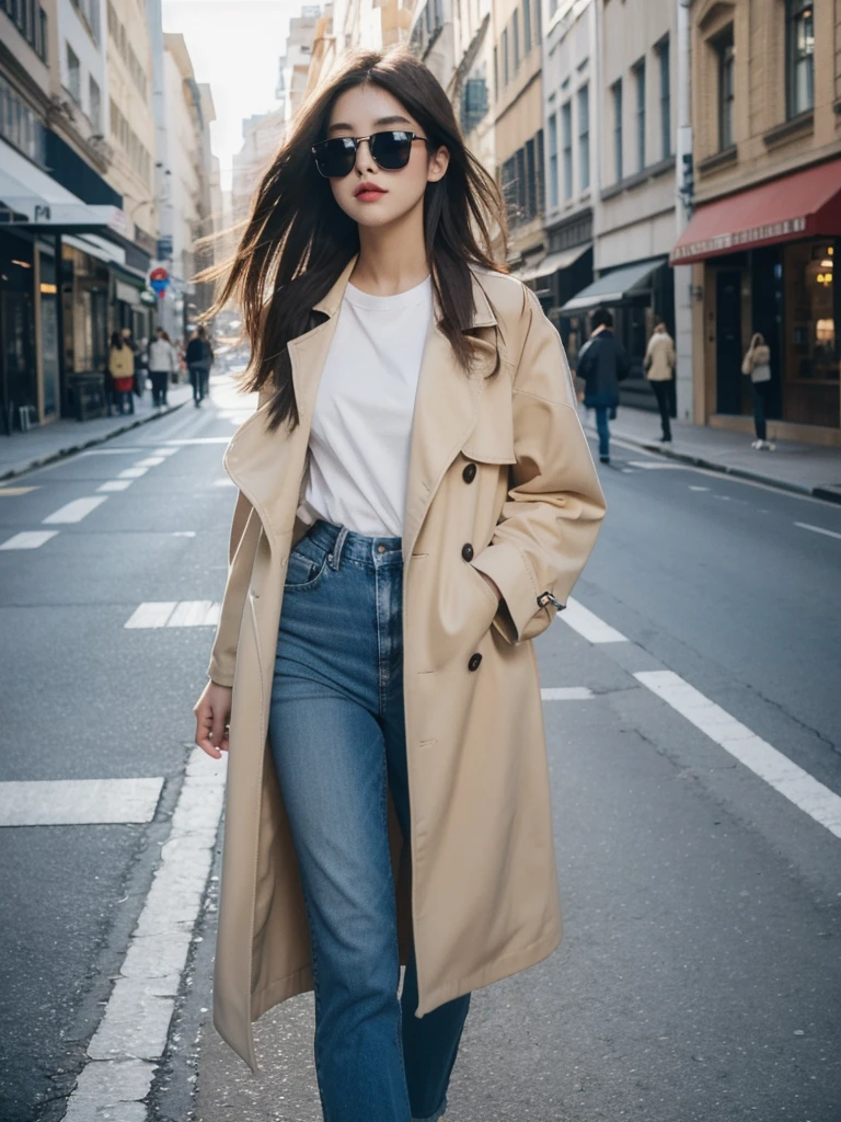 8K RAW Photos, best quality, masterpiece, Ultra-high resolution, Film Grain, , 1 Girl,A model, 170cm tall, 58kg, wearing blue jeans and a white T-shirt with a beige trench coat and a black mask, standing on a city street, wearing sunglasses, stylish and casual vibe
