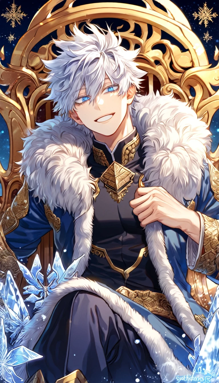 absurdres, highres, ultra detailed, HDR, master piece, best quality, extremely detailed face, delicated features, Gojou Satoru, white hair, messy hair, hair between the eyes, expressive blue eyes, white eyelashes, Boku No Hero Academia, sexy man, solo, handsome, smiling, blue jacket with fur, black shirt, fantasy, magical, ice, ice butterflies, snowflakes, starry night, sitting on a ice throne