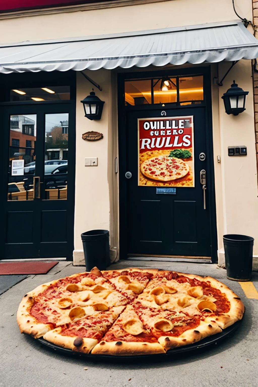 outside a humble restaurant selling pizza rolls




