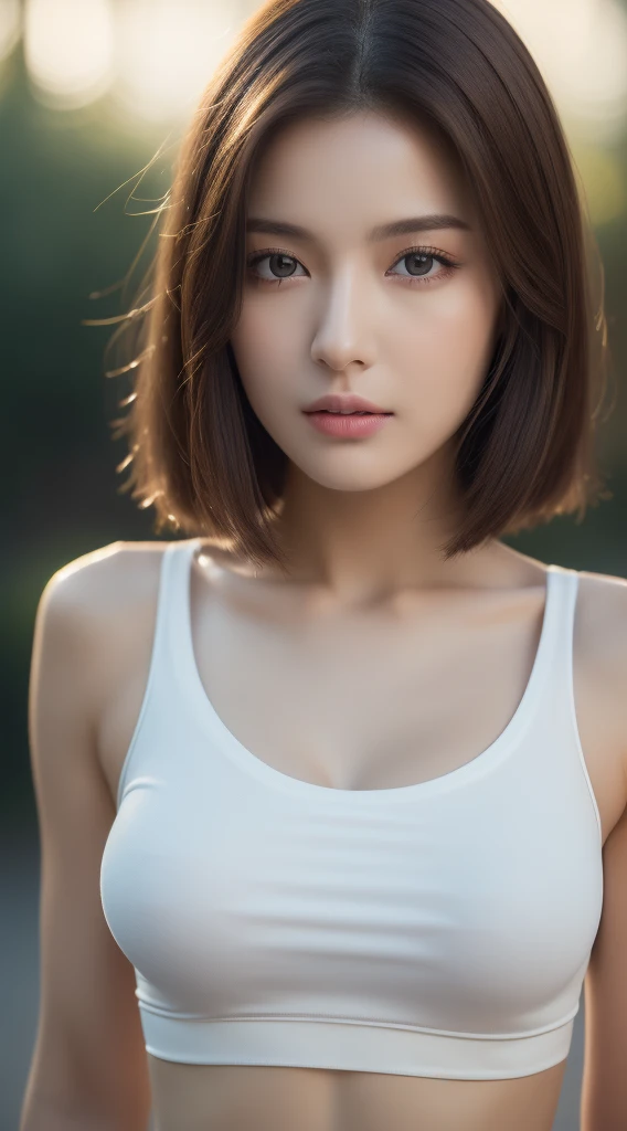 ((Realistic lighting, Best quality, 8K, Masterpiece: 1.3)), Clear focus: 1.2, 1girl, Perfect beauty: 1.4, Slim abs: 1.1, ((Dark brown hair)), (White crop top: 1.4), (Outdoor, Night: 1.1), Park view, Super fine face, Fine eyes, Double eyelids,