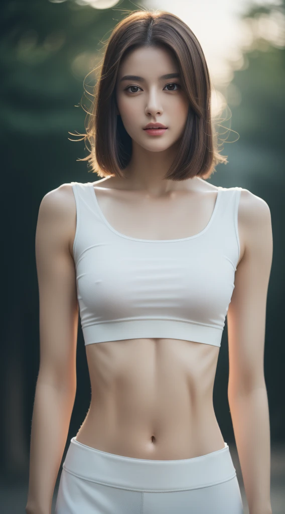((Realistic lighting, Best quality, 8K, Masterpiece: 1.3)), Clear focus: 1.2, 1girl, Perfect beauty: 1.4, Slim abs: 1.1, ((Dark brown hair)), (White crop top: 1.4), (Outdoor, Night: 1.1), Park view, Super fine face, Fine eyes, Double eyelids,