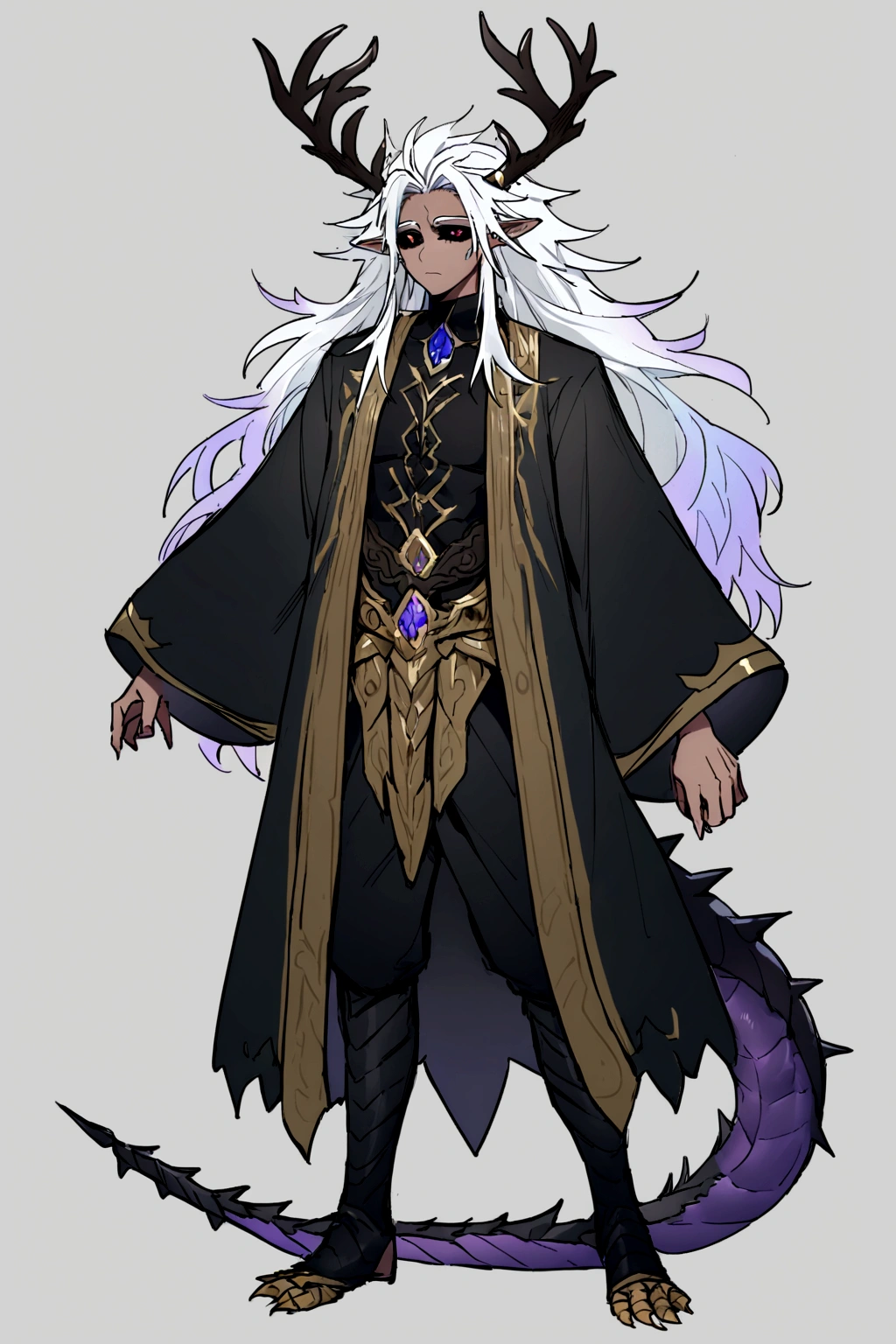Solo, male teen, Character fusion: Nibelung fused with nidhoggr, odin and sun wukong, tall tanned man with wild unruly white hair, bangs on face, bangs, ((iridescent irises)), black sclera on eyes, long voluminous hair, spiky hair, pointy ears, fit , clawed fingers, dragon tail, open haori, turtleneck tanktop, dark crystal antlers, exhausted expression, khaenr'ah abyss, draconic person, calamity incarnate,  full body