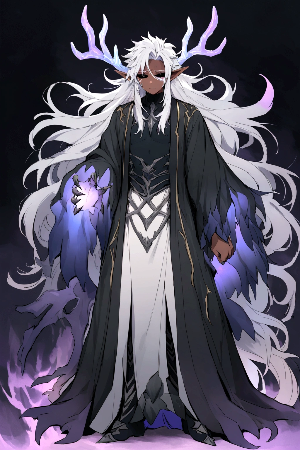Solo, male teen, Character fusion: Nibelung fused with nidhoggr, odin and sun wukong, tall tanned man with wild unruly white hair, bangs on face, bangs, ((iridescent irises)), black sclera on eyes, long voluminous hair, spiky hair, pointy ears, fit , clawed fingers, dragon tail, open haori, turtleneck tanktop, dark crystal antlers, exhausted expression, khaenr'ah abyss, draconic person, calamity incarnate,  full body