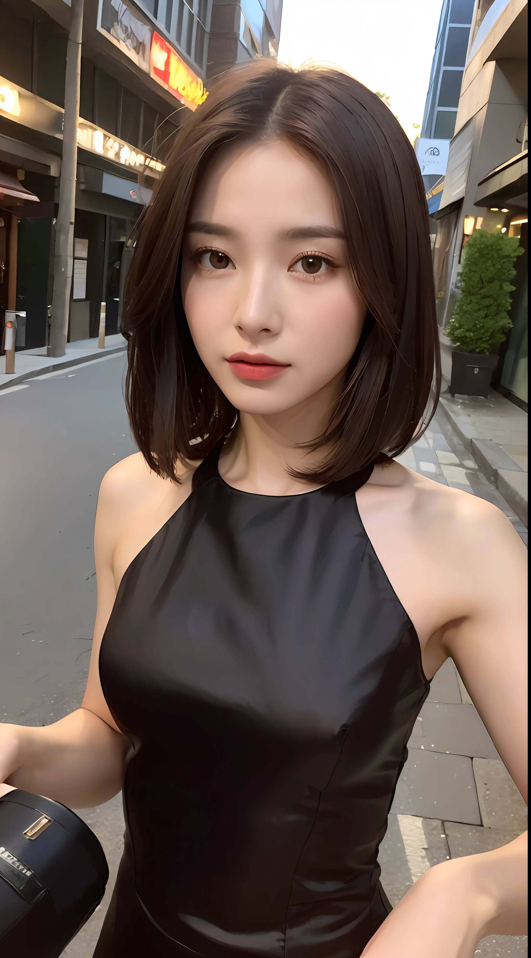 ((realistic lighting, Best quality, 8 k, masterpiece: 1.3)), Focus: 1.2, 1 girl, Perfect body beauty: 1.4, thin abs: 1.1, ((dark brown hair)), (Sea green dress: 1.4), (Open, night: 1.1), city street, Super lovely face, Perfect eyes, double eyelids,