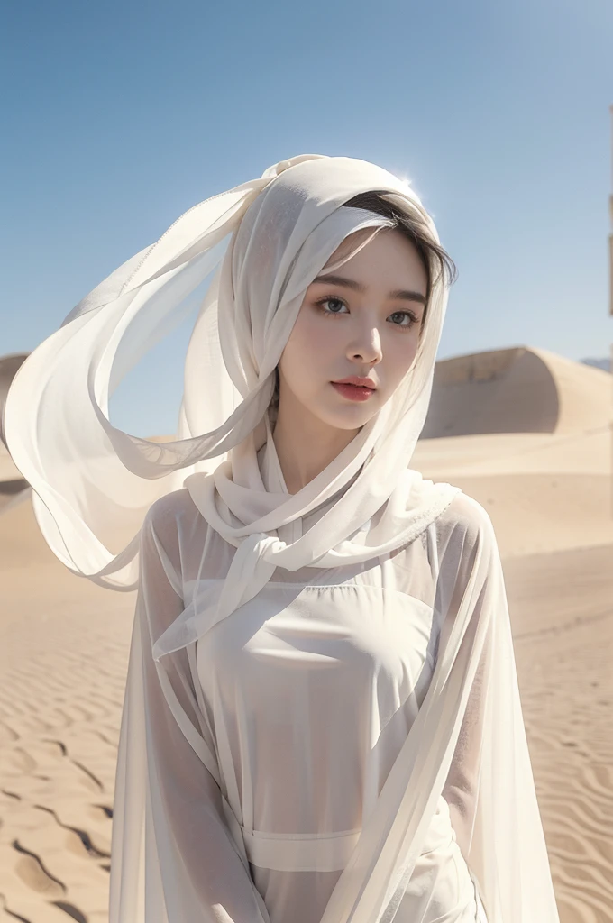 (((best quality))),(((ultra detailed))),(((masterpiece))),illustration,1 Arabian girl,beautiful,solo,slim,thin,small breasts,flat chest,summer,(in desert:1.3),white headscarf,(see through white sheer abaya:1.3),slender legs,arms behind back,radiant smile,fair complexion,sun rays,gentle breeze,elegant attire,delicate headdress,vast expanse,golden sand,azure sky,rolling dunes,stillness,graceful elegance,((from front,upper body))