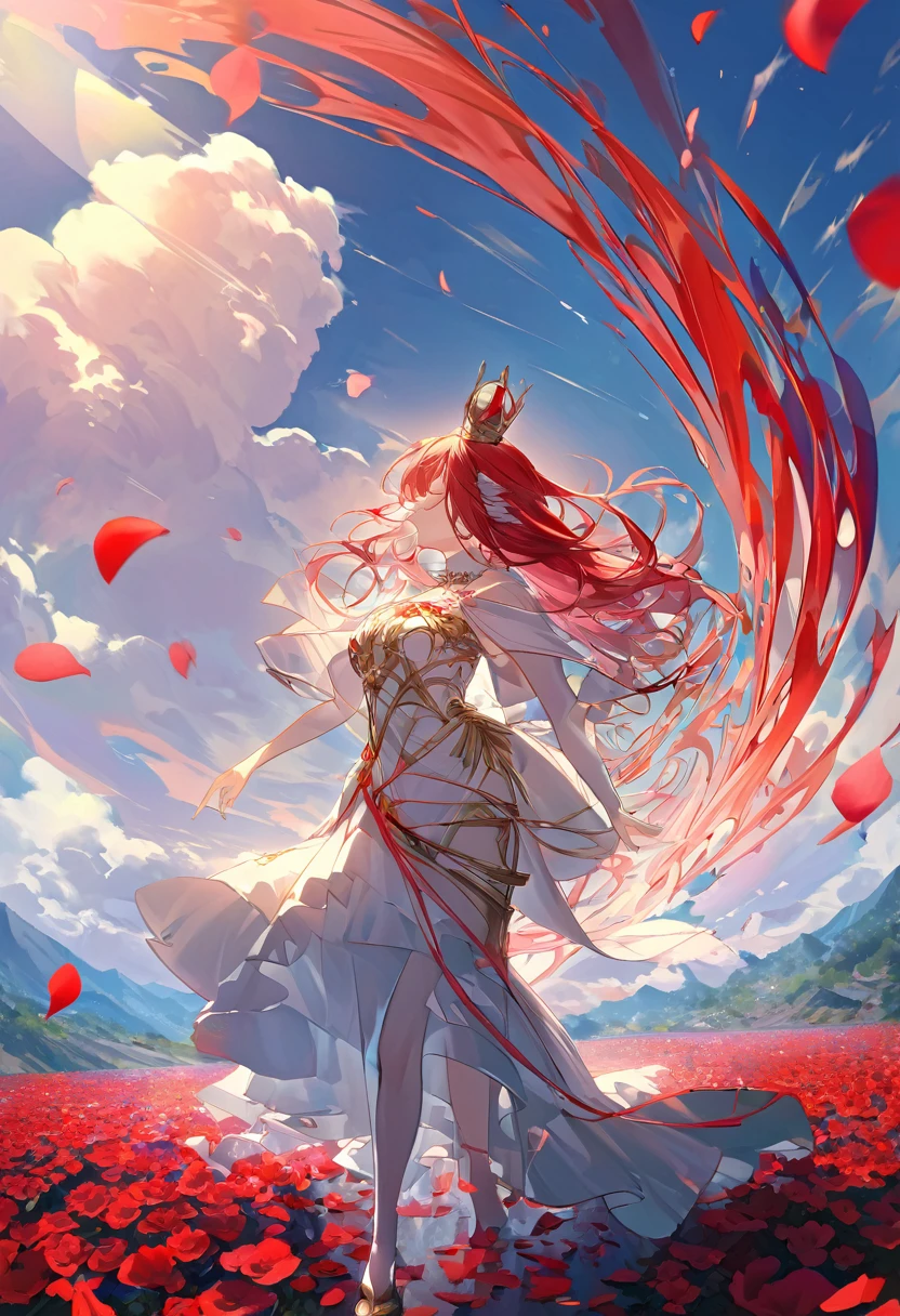 In the center of a chaotic, swirling world, a figure stands, a work of art in itself. Her face is a masterpiece of sorrow, her eyes a deep, crimson red, as if they've been etched with pain. Her body is a sculpture of intricate detail, crafted from golden and bronze wire, with a swirly pattern that seems to move with the wind.

Around her neck, a collar of spikes glints in the light, like a crown of thorns. Her horns, made of glass, are curved and delicate, like the petals of a flower. They shimmer in the sunlight, casting a rainbow of colors on the ground.

Behind her, the world seems to melt and flow, as if the very fabric of reality is being torn apart. Red and white polka dots dance across the horizon, like a frenzied dance of destruction. The air is thick with the scent of molten lava, and the ground beneath her feet seems to tremble with the weight of her sorrow.

As she stands, her eyes fixed on the horizon, it's clear that this figure is a work of art, a sculpture of beauty and pain, a testament to the power of the human spirit to endure even in the face of chaos.