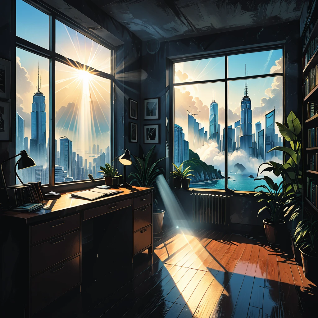 light beams should be clearly visible, highlighting the dusty air,
skyscraper, fog, tropical island, ((illuminated window with bright light streaming out)), casting rays that penetrate the darkness, graphic style of novel comics, 2d, 8k, hyperrealism, masterpiece, high resolution, best quality, ultra-detailed, super realistic, Hyperrealistic art, high-quality, ultra high res, highest detailed, lot of details, Extremely high-resolution details, incredibly lifelike, colourful, soft cinematic light,