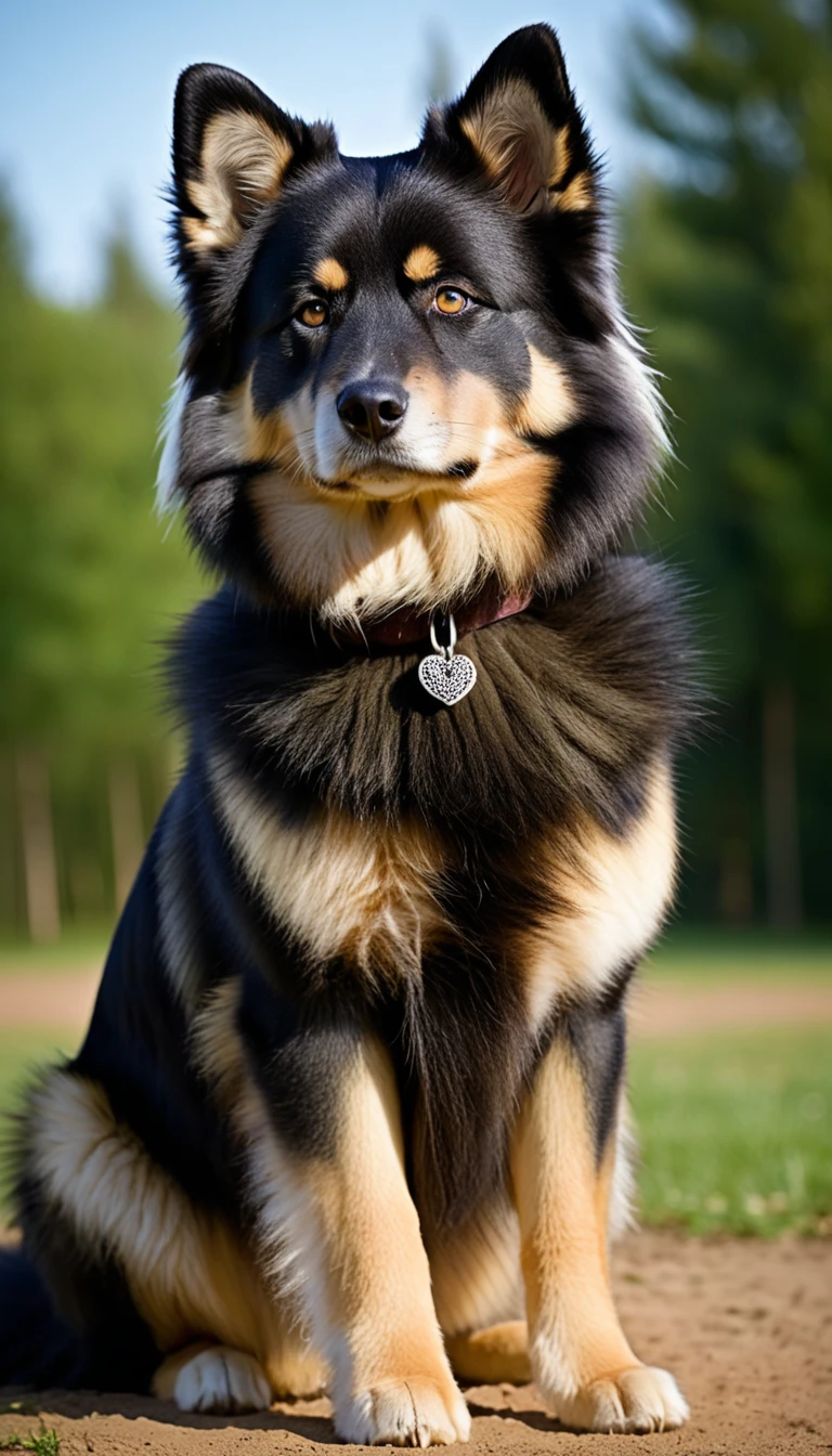 There is no one, realistic photo, photo realism, realism, Finland Lapuaskoguroksko(Finnish Lapphund), perfect composition, intricate details, Very sharp, masterpiece, profile, high resolution, looking at the viewer, Full body photo in the dog park