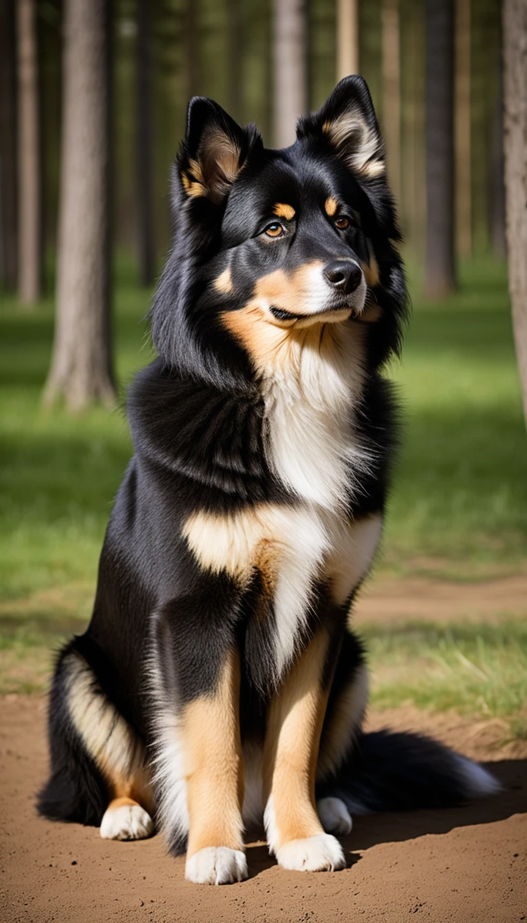 There is no one, realistic photo, photo realism, realism, Finland Lapuaskoguroksko(Finnish Lapphund), perfect composition, intricate details, Very sharp, masterpiece, profile, high resolution, looking at the viewer, Full body photo in the dog park