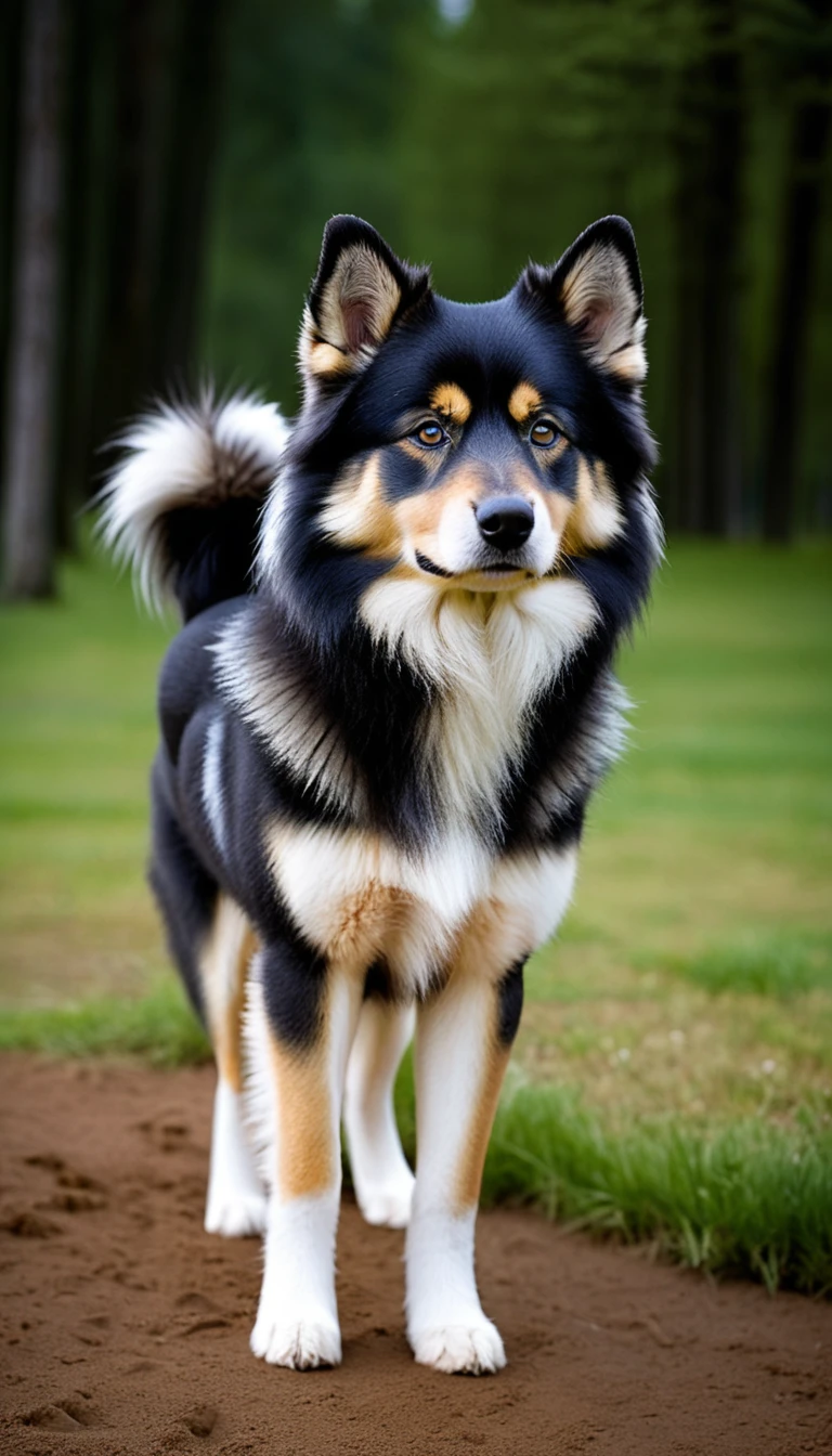 There is no one, realistic photo, photo realism, realism, Finland Lapuaskoguroksko(Finnish Lapphund), perfect composition, intricate details, Very sharp, masterpiece, profile, high resolution, looking at the viewer, Full body photo in the dog park