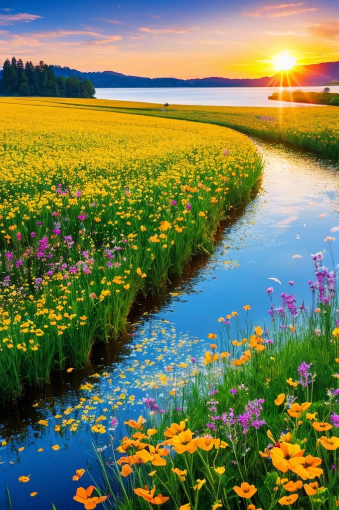 Beautiful fields of flowers, sunrise, lake, butterfly ,nature, wallpaper,, best light