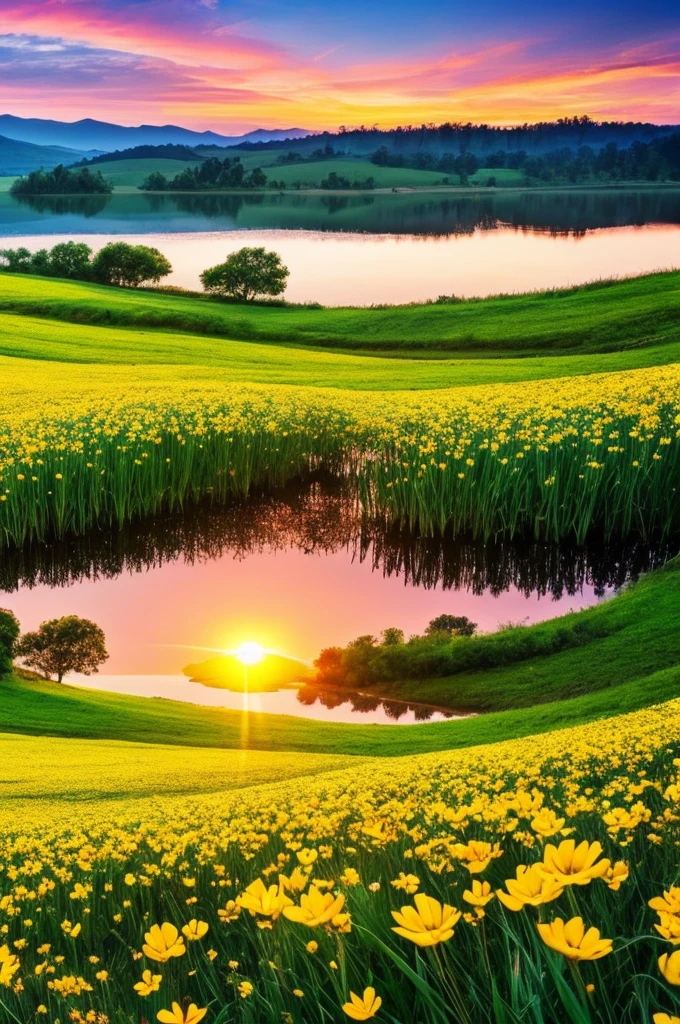 Beautiful fields of flowers, sunrise, lake, butterfly ,nature, wallpaper,, best light