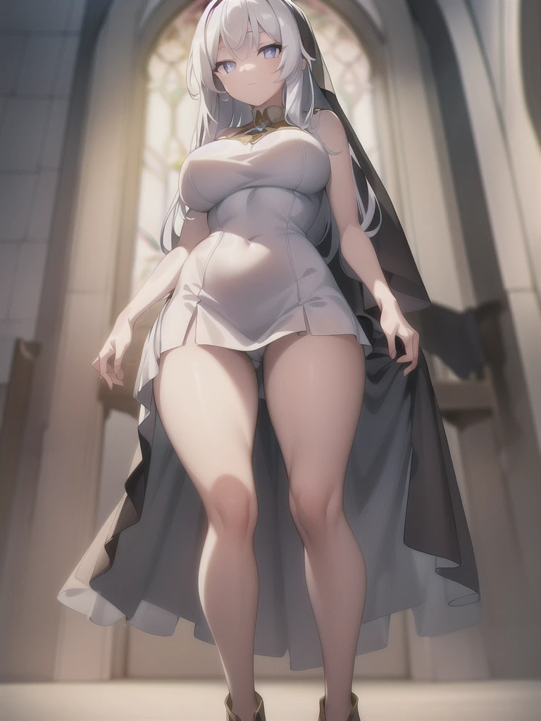 A girl，Long hair, Bangs, White hair, Hair between the eyes, Purple Eyes:（1.5),  (Large Breasts:1.2), 
rest  锁骨, Wedding dress，veil，wedding，White dress，Flowers，Broken skirt，White socks，Tights，White knee socks，boots，
looking at viewer, whole body,
indoors, church，Standing，Standing，
rest (masterpiece:1.2), best quality, high resolution, Unity 8k Wallpaper, (illustration:0.8), (Beautiful and delicate eyes:1.6), Extremely detailed face, Perfect lighting, Extremely detailed CG, (Perfect hands, Perfect anatomical structure),