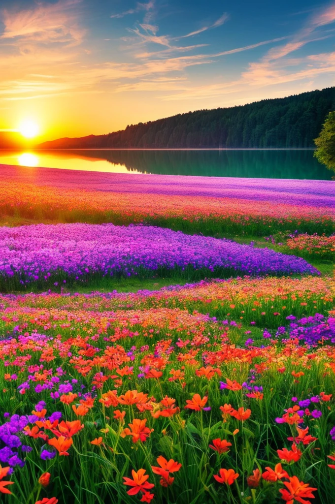 Beautiful fields of flowers, sunrise, lake, butterfly ,nature, wallpaper,, best light