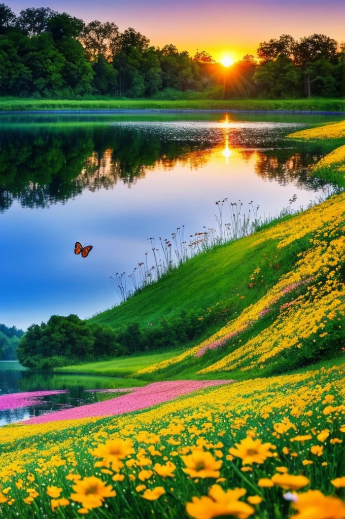Beautiful fields of flowers, sunrise, lake, butterfly ,nature, wallpaper,, best light
