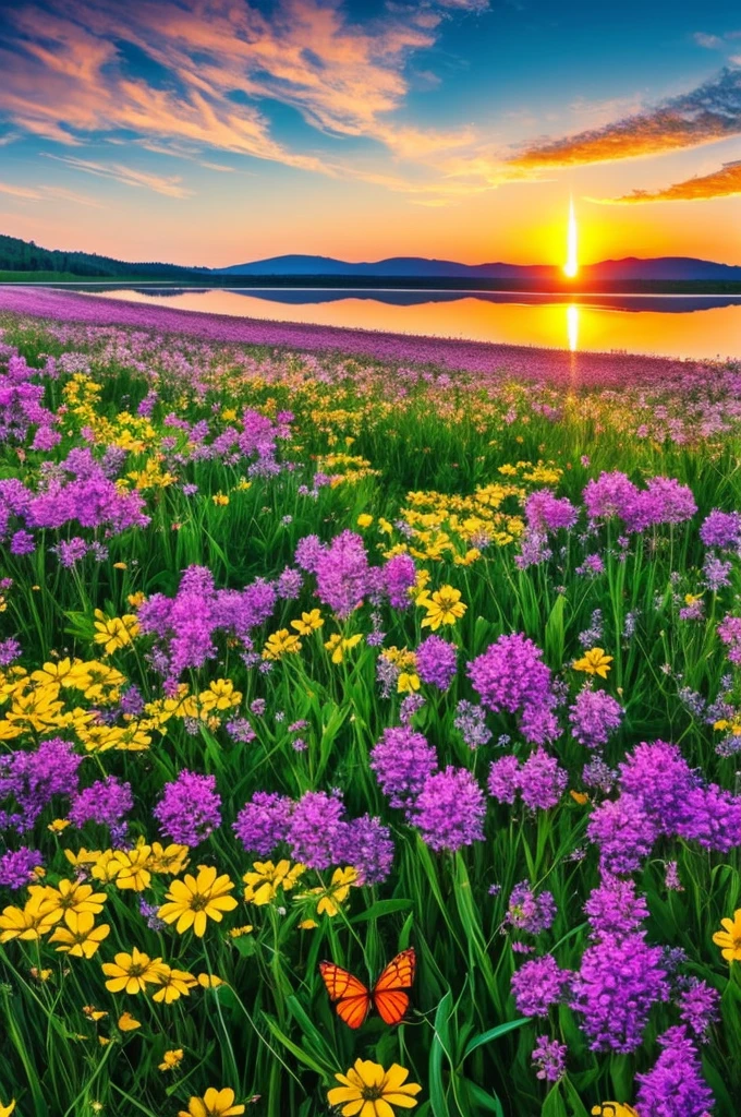 Beautiful fields of flowers, sunrise, lake, butterfly ,nature, wallpaper,, best light