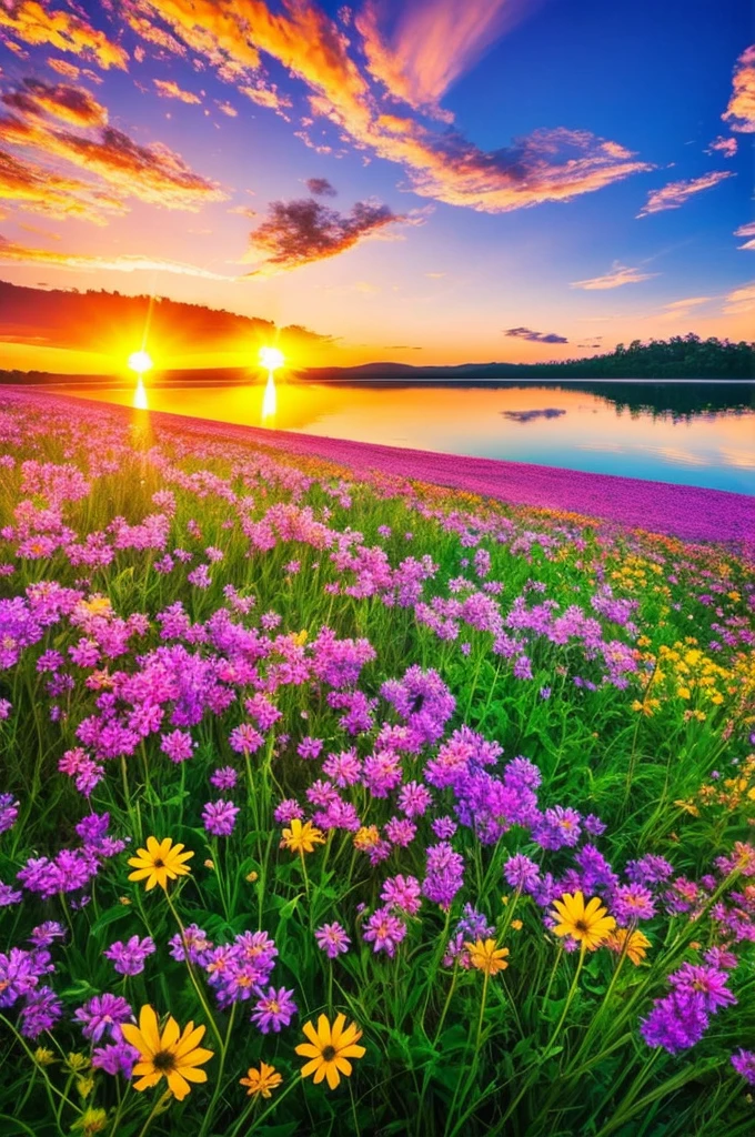Beautiful fields of flowers, sunrise, lake, butterfly ,nature, wallpaper,, best light