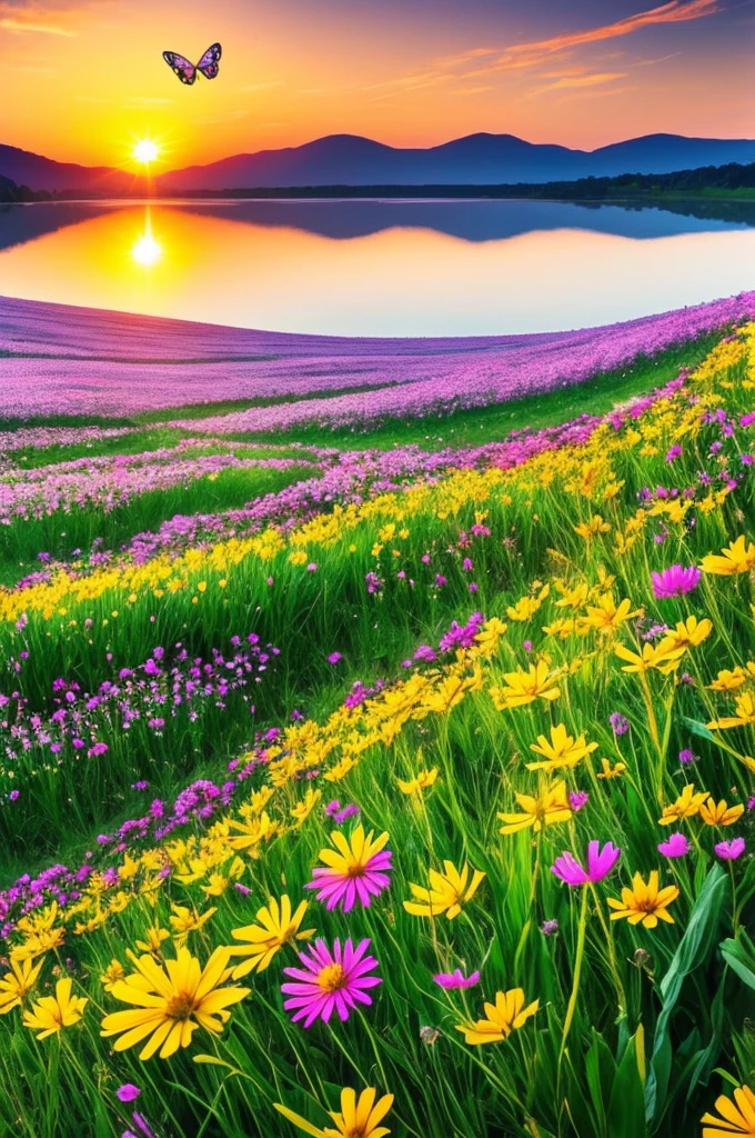 Beautiful fields of flowers, sunrise, lake, butterfly ,nature, wallpaper,, best light