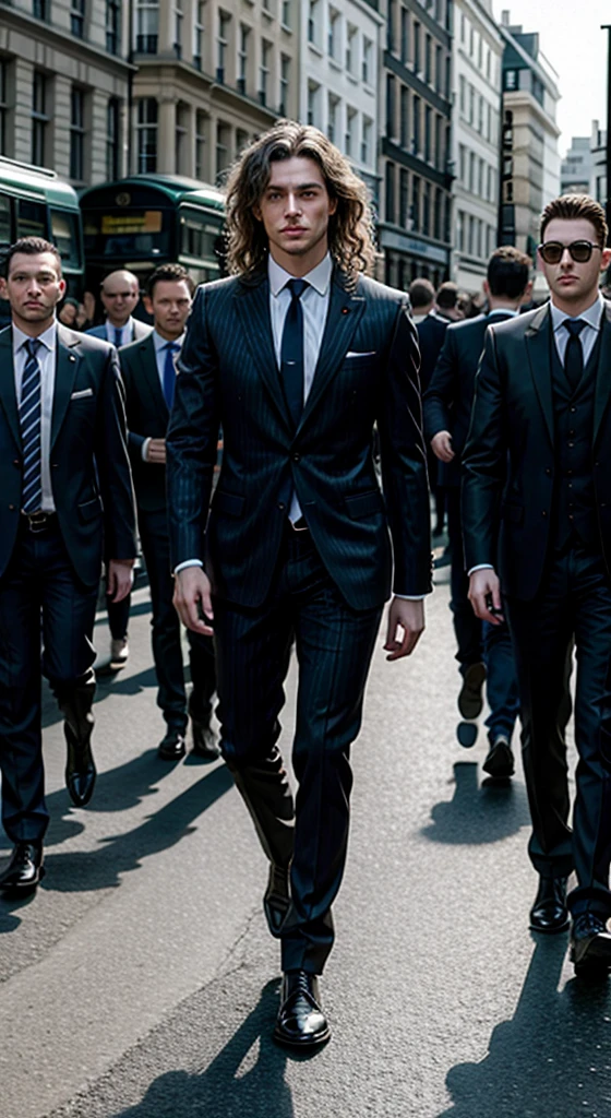 high resolution image of muscular man with white skin, showing full body, wavyhair, muscular arms, wearing a black pinstripe suit, wearing black leather boots with buckles, walking in London blurred in the background, With Sun, holding men's briefcase, looking at camera, perfect italian style face, fine nose, pink mouth lips, cloused mouth, well-defined eyes with blue iris, muscular legs, 8K ultra resolution.