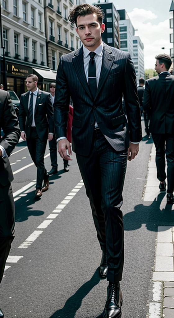 high resolution image of muscular man with white skin, showing full body, wavyhair, muscular arms, wearing a black pinstripe suit, wearing black leather boots with buckles, walking in London blurred in the background, With Sun, holding men's briefcase, looking at camera, perfect italian style face, fine nose, pink mouth lips, cloused mouth, well-defined eyes with blue iris, muscular legs, 8K ultra resolution.
