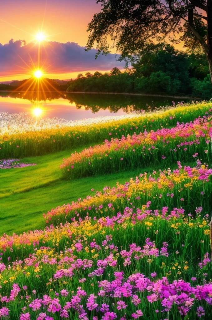 Beautiful fields of flowers, sunrise, lake, butterfly ,nature, wallpaper,, best light