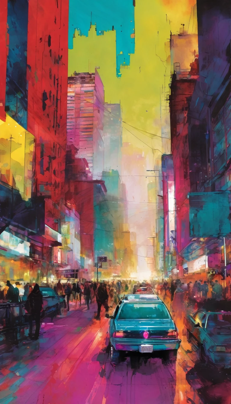 City, Artwork inspired by Bill Sienkiewicz, Bright colors, Intricate details,
