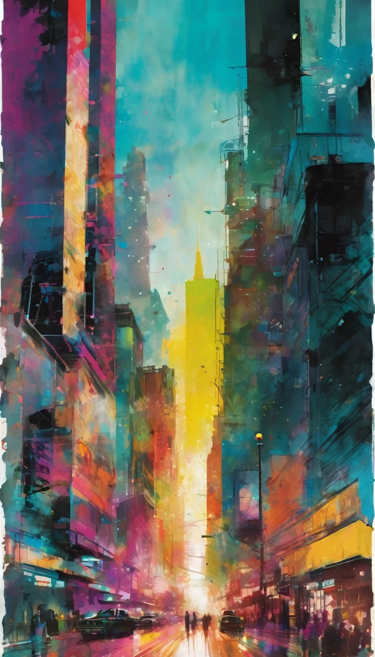 City, Artwork inspired by Bill Sienkiewicz, Bright colors, Intricate details,
