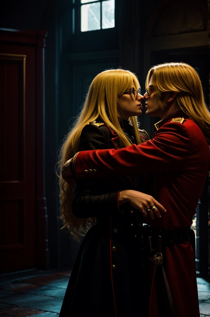 In the scene, Alucard and Seras Victoria
Hellsing are kissing
passionately in a room
shade. Alucard, with his
characteristic red hat, glasses and
long coat, tilted slightly towards
face towards Seras, who shows off her
combat uniform, with hair
blonde and vibrant eyes. the room
is bathed in dim lighting
that mixes with a red glow that
emanates from the windows, suggesting
that it is night Intense shadows
spread across the room, giving a
touch of mystery and romanticism
dark to the scene.
+