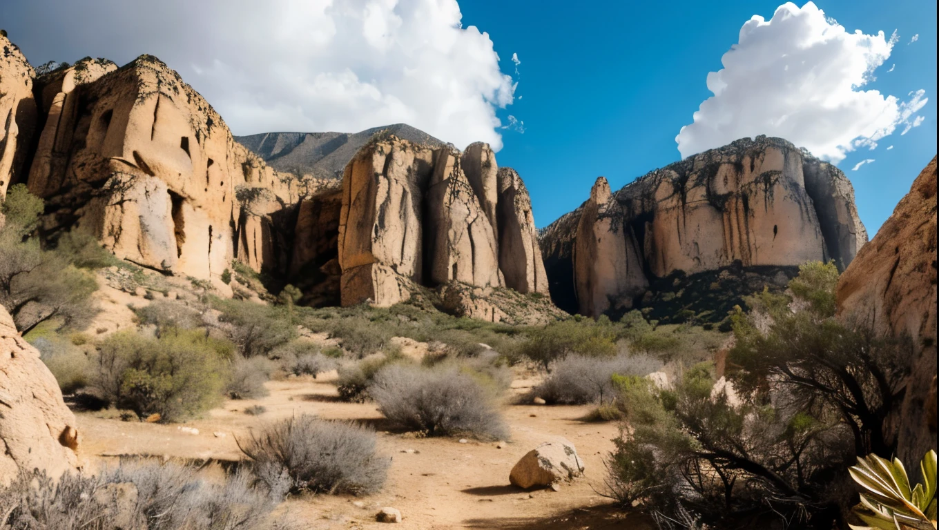 A massive vertical rock wall in a desert valley, lush green trees surrounding it, a bright blue sky with fluffy clouds above, a stunning natural climbing wall in El Chorro, Malaga, high contrast, vivid colors, (best quality,4k,8k,highres,masterpiece:1.2),ultra-detailed,(realistic,photorealistic,photo-realistic:1.37),landscape,dramatic lighting,stunning vista,rugged terrain,rocky outcrop,arid environment,rugged cliffs,sun-dappled foliage,dramatic shadows,dramatic clouds,serene atmosphere