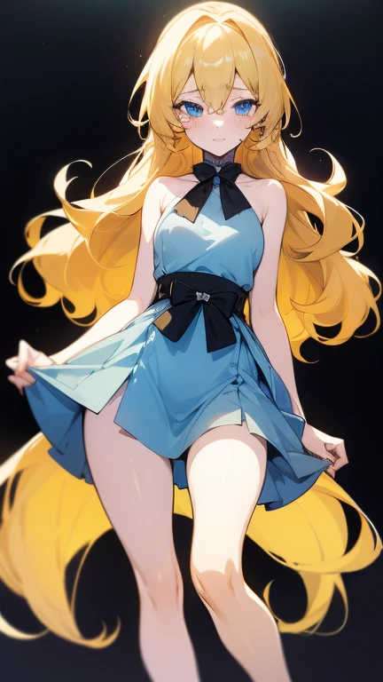 female character, 8 years, Pale and white skin, dark blue eyes, blonde hair, wavy and long, Delgado, beautiful, simple light blue dress attached to the skin at the top, short loose skirt with kitten designs , fleshy breasts , small waist,Wide hips, tender position, Muslona, something provocative, YOUNG