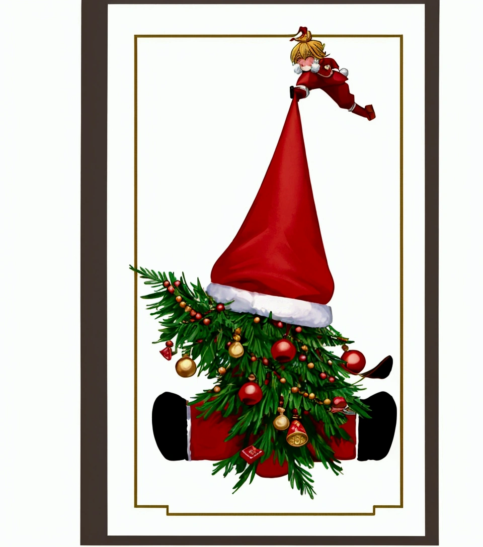 a close up of a Santa Claus claus holding a christmas tree, Running Action,holiday, dwarf, A little elf, Full card design, Created using Adobe Illustrator, Santa Claus, Created using Adobe Illustrator, full color illustration, Three-quarter view, Inspired by Masamitsu Ōta, Elf Punk, made in illustrator, High decoration, illustration!, Inspired by Ernest William Christmas, The cutest