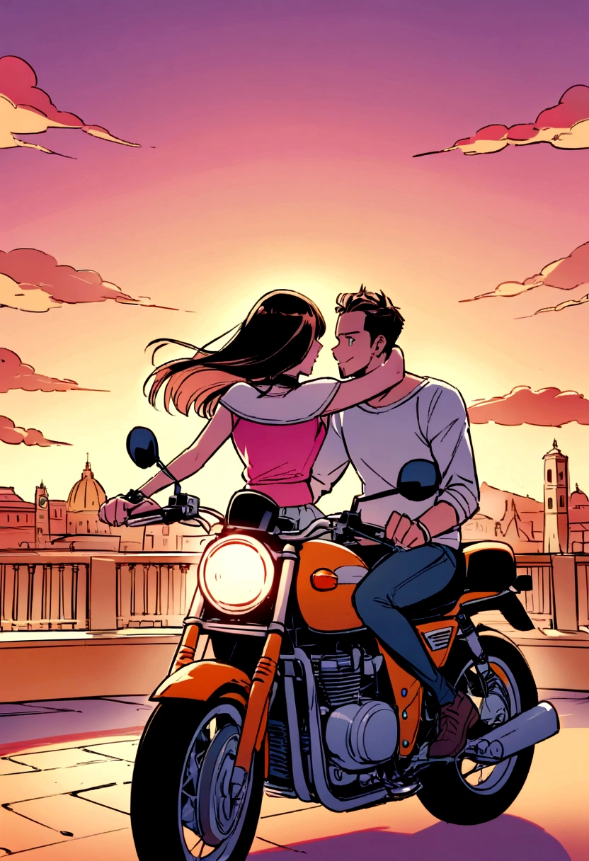 An illustration of freedom and happiness Holiday, an illustration of a Roman Holiday scene in which two people travel on a Triumph big motorbike, the theme of the illustration is freedom and love. This scene shows Chinese girlfriend and western boyfriend enjoying their and falling in love. BlackPink Lisa and Ryan Reynolds
BREAK,
The back view of two people riding a Triumph big motorbike, the view of two people riding a Triumph big motorbike looking at the cityscape of Rome, the view of two people riding a motorcycle illuminated by the sunset,
Expressing BlackPink Lisa in bright colors, expressing Ryan Reynolds in dark colors, expressing the streets of Rome in colorful colors, expressing the sunset in warm colors, BlackPink Lisa's distinctive eyes, and BlackPink Lisa's beauty. Express with colors that emphasize
