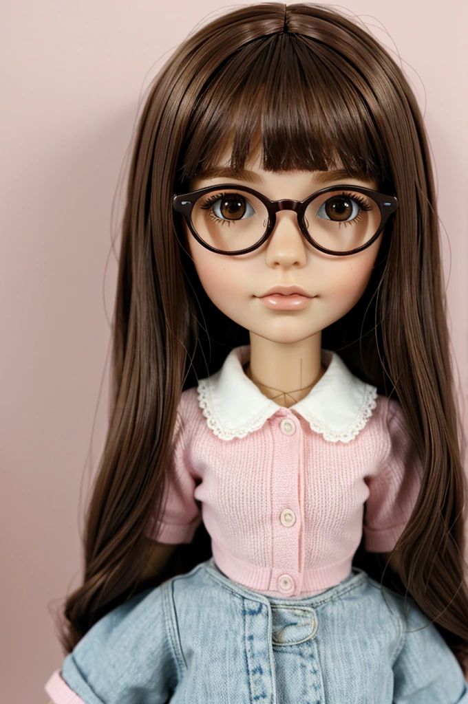 Blythe doll with straight brown hair, pink glasses and brown eyes