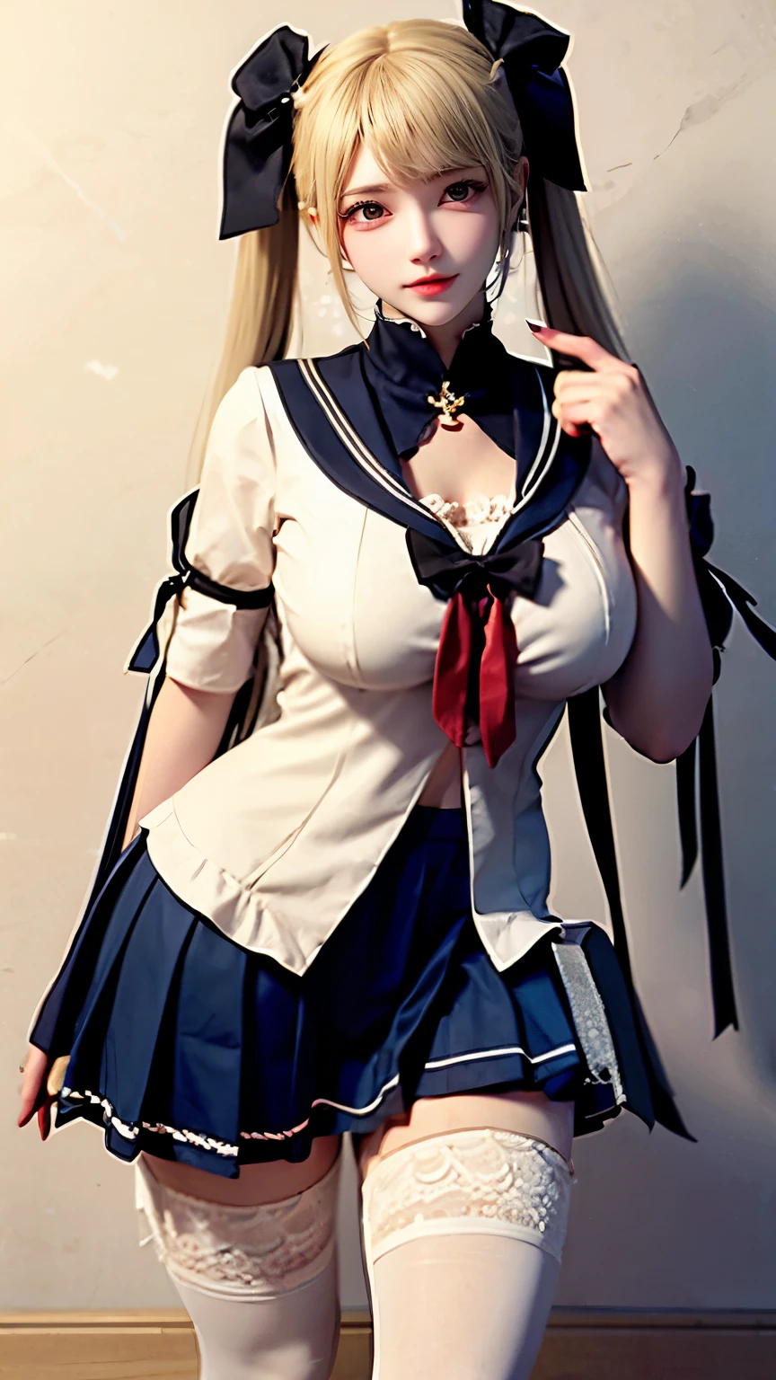 （Very delicate and beautiful：1.2）super model,,Big Breasts,Beautiful breasts,voluptuous,【bike shorts】,,【3girls】,,Highest quality, High resolution, 8K,mini skirt,Navy blue frilly sailor suit,Blonde twin tails,Lolita Style,Right hand bandaged,Odd eye with red right eye,boots