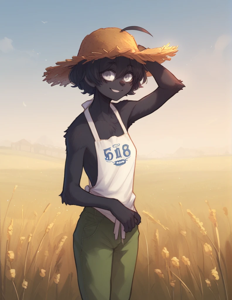 1 girl, alone, ppka, black fur, short hair, messy fur, Ahoge, parts, parts por todo el cuerpo, grey eyes, blind, Nice smile mirando al espectador, 
naked, they only wear one pair of pants, bib pants, farmer pants, straw hat, 
Pose linda, Nice smile, tender look, 
Field, crops, sky 