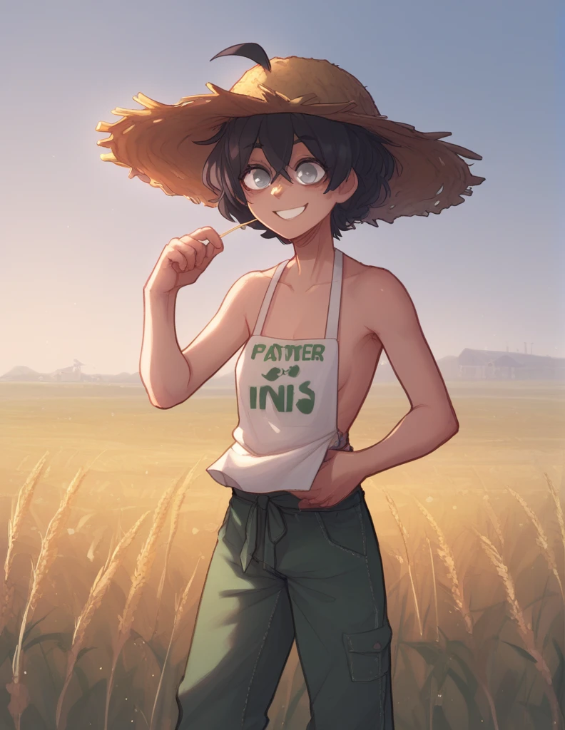 1 girl, alone, ppka, black fur, short hair, messy fur, Ahoge, parts, parts por todo el cuerpo, grey eyes, blind, Nice smile mirando al espectador,
naked, they only wear one pair of pants, bib pants, farmer pants, straw hat,
Pose linda, Nice smile, tender look,
Field, crops, sky