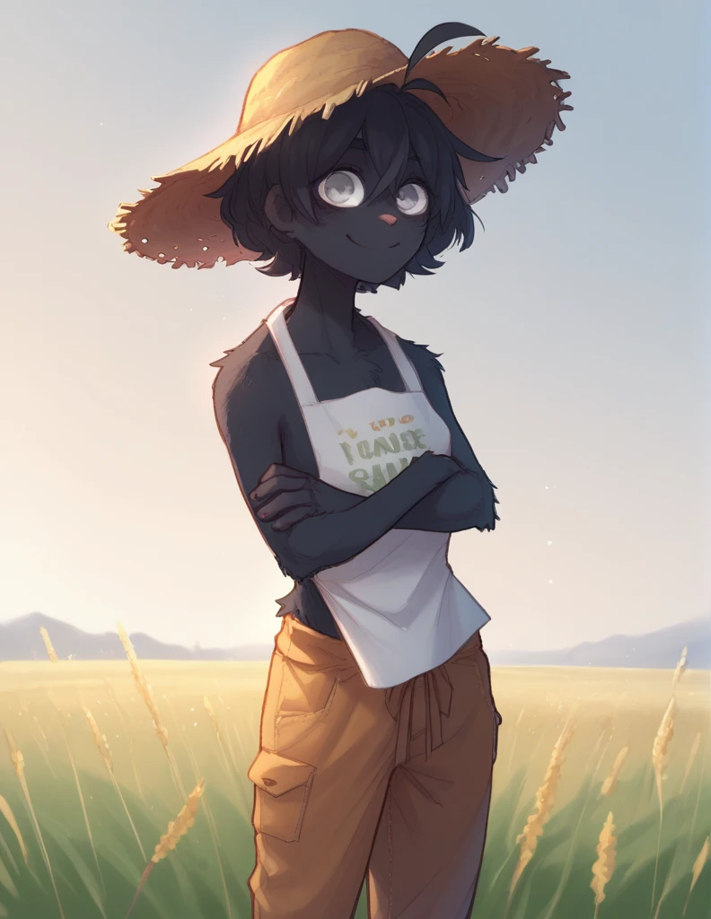 1 girl, alone, ppka, black fur, short hair, messy fur, Ahoge, parts, parts por todo el cuerpo, grey eyes, blind, Nice smile mirando al espectador, 
naked, they only wear one pair of pants, bib pants, farmer pants, straw hat, 
Pose linda, Nice smile, tender look, 
Field, crops, sky 