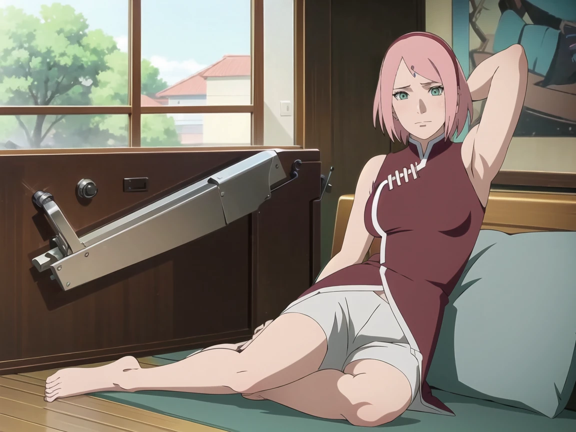 tmasterpiece, hoang lap , (Complicated details),(rich colourful), light, the Extremely Detailed CG Unity 8K Wallpapers , sakura haruno, 1girll, solo,(White top,Yellow shorts,nudegirl, black lence stockings,Superskirt,Legs sweat a lot,Kneeling,medium boob, ),((perspire,Be red in the face,Blush:1.5)),Particularly heavy blush,cowboy lens,inside in room,Show off your thighs,legs up