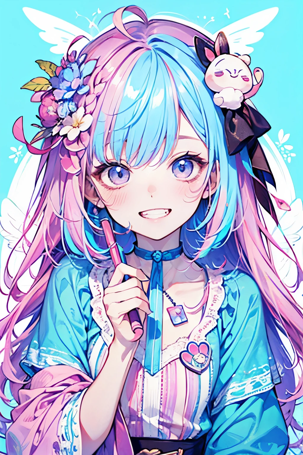 chibi character,Rabbit motif,(brush),((cute,kawaii,wonderland)),((pastel color)),((Cute assortment)),(Shy laugh),Shiny pink hair,(Rainbow),((Angel:1.2)),((I love hold:1.25))