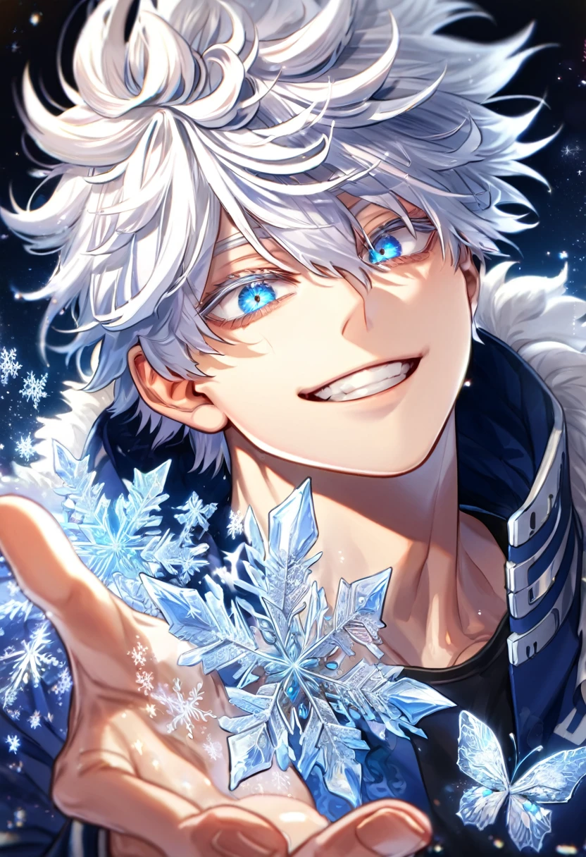 absurdres, highres, ultra detailed, HDR, master piece, best quality, extremely detailed face, delicated features, Gojou Satoru, white hair, messy hair, hair between the eyes, expressive blue eyes, white eyelashes, Boku No Hero Academia, sexy man, solo, handsome, smiling, blue jacket with fur, black shirt, black pants, fantasy, magical, ice, ice butterflies, snowflakes, starry night