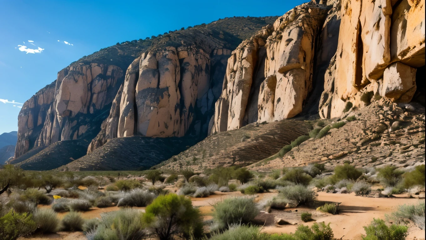 A massive vertical rock wall in a desert valley, lush green trees surrounding it, a bright blue sky with fluffy clouds above, a stunning natural climbing wall in El Chorro, Malaga, high contrast, vivid colors, (best quality,4k,8k,highres,masterpiece:1.2),ultra-detailed,(realistic,photorealistic,photo-realistic:1.37),landscape,dramatic lighting,stunning vista,rugged terrain,rocky outcrop,arid environment,rugged cliffs,sun-dappled foliage,dramatic shadows,dramatic clouds,serene atmosphere