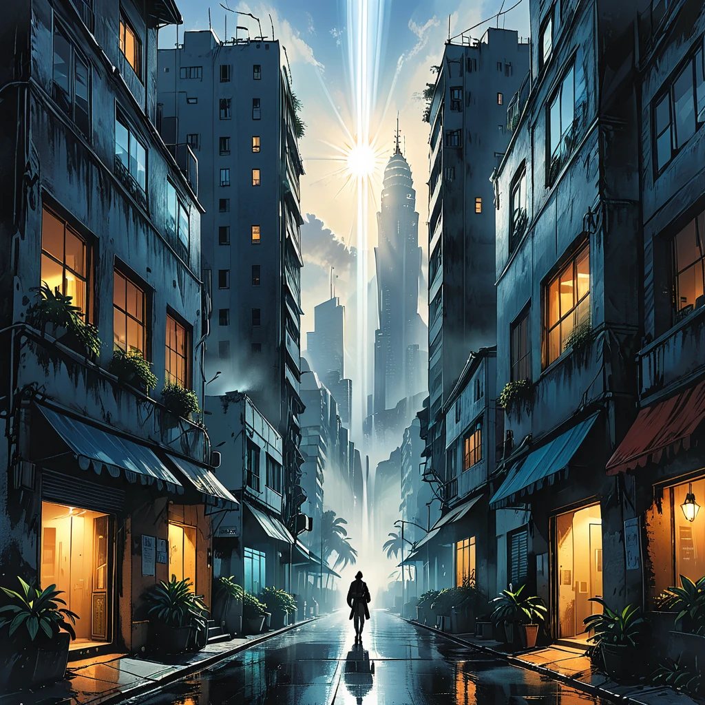 (outside of a skyscraper),light beams should be clearly visible, highlighting the dusty air,
skyscraper, fog, tropical island, ((illuminated window with bright light streaming out)), casting rays that penetrate the darkness, graphic style of novel comics, 2d, 8k, hyperrealism, masterpiece, high resolution, best quality, ultra-detailed, super realistic, Hyperrealistic art, high-quality, ultra high res, highest detailed, lot of details, Extremely high-resolution details, incredibly lifelike, colourful, soft cinematic light,