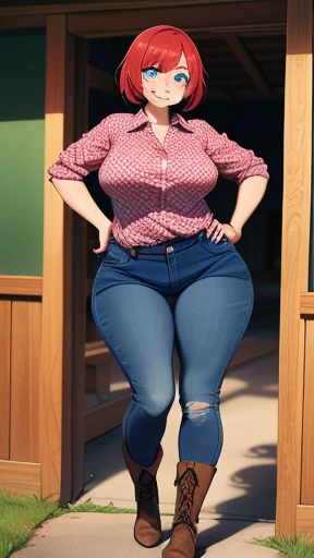 ((highres)), Masterpiece, high quality, best quality, beautiful, perfect lighting, detailed face, ultra cute face, ((1girl)), ((solo), short red hair, fluffy hair, blue eyes, freckles, (blush), affectionate smile, looking at viewer, hand on hip, arm at side, farm, daytime, flannel shirt, jeans, boots, (large breasts), perky breasts, wide hips, thick thighs,