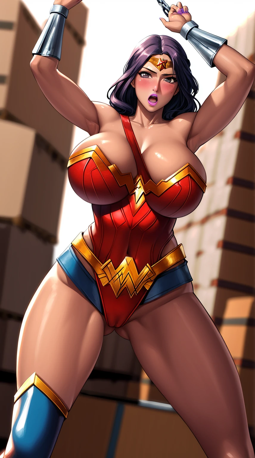 (Highres), (Detailed Illustration), Ultra-Detailed, Ambient Light, Backlighting, Realistic Shadows, Glowing Particles, Light Particles, Digital Art, Soft Light, Soft Lighting, Reflections, Detailed Face, (Detailed Hair:1.2), Dim Lighting, Indirect Lighting, Reflections, Detailed Face, (Detailed Hair:1.2), (masterpiece:1.4), (best quality:1.4), (Beautiful Breasts:1.4), (beautiful face:1.4),
(1girl:1.4),
BANGS, BARE SHOULDERS, BLUSH, BREASTS, BREASTS OUTSIDE, FINGERNAILS, HAIR BETWEEN EYES, LEOTARD, LIPSTICK, LONG FINGERNAILS, LONG HAIR, MAKEUP, SHINY, SHINY SKIN, SKIN TIGHT, SOLO, SPREAD LEGS, THIGHHIGHS, THIGHS, PURPLE NAILS,LARGE BREASTS, HUGE BREASTS, NIPPLE , COVERED ,
(large breasts, huge breasts, :1.3), (warehouse:1.4), ((arms up, handcuffed, :o, wonder woman outfit, surronded by men, groped, fondled, dark skin))