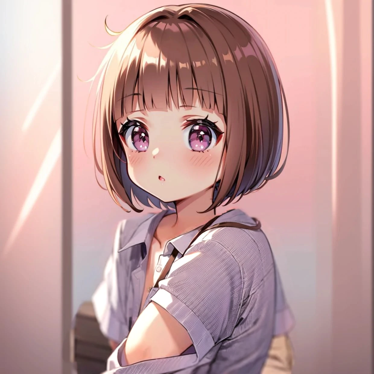 Brown Hair、Fine Deal、One button-front shirt、Fine wrinkles and expressions on clothes 