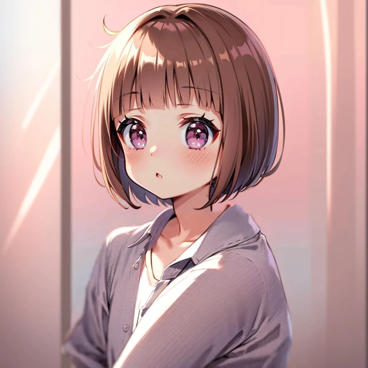 Brown Hair、Fine Deal、One button-front shirt、Fine wrinkles and expressions on clothes 